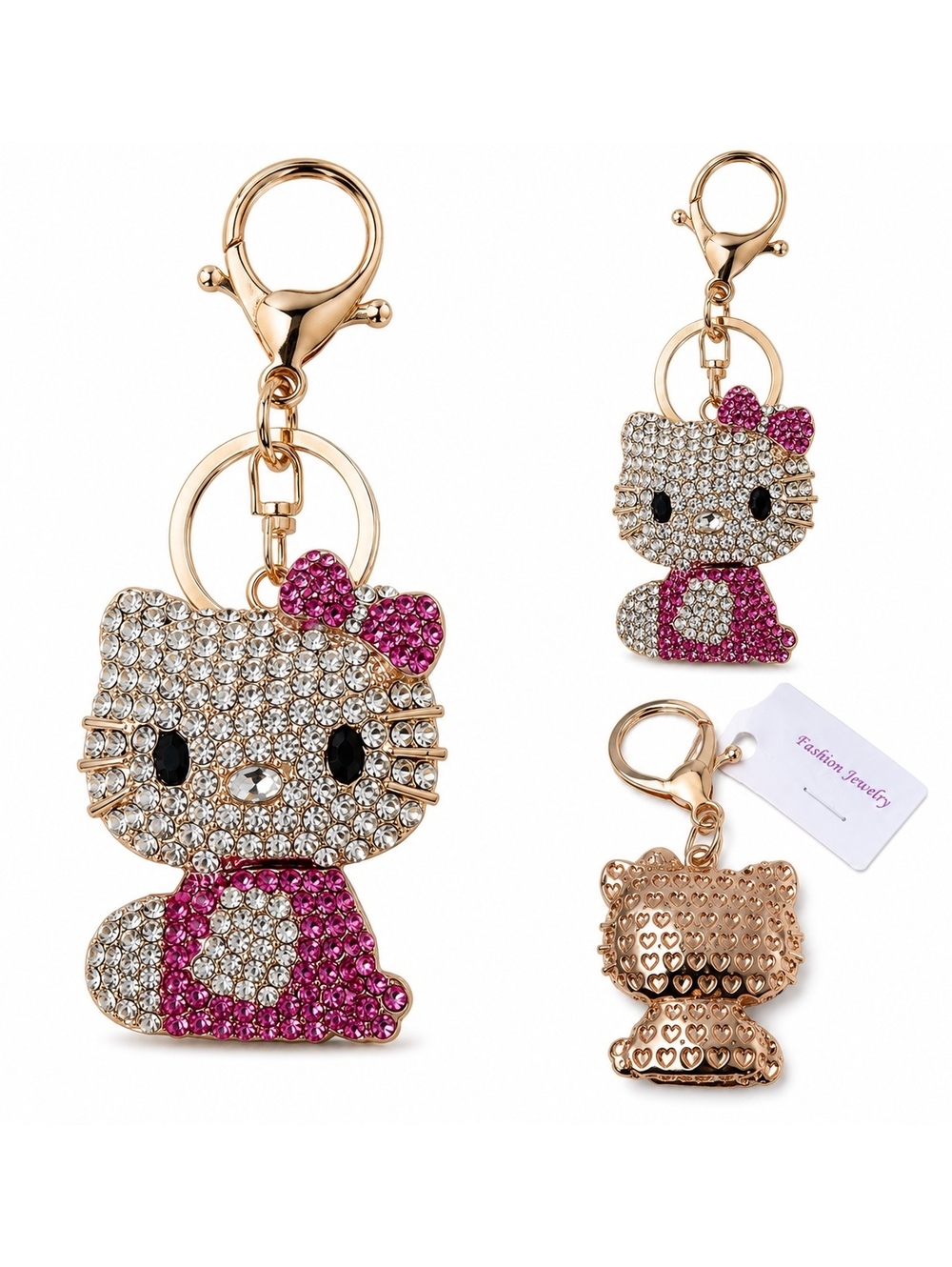 Rhinestone Hello Kitty Style Keychain Pink Crystal Cat Purse Charm Key Ring New